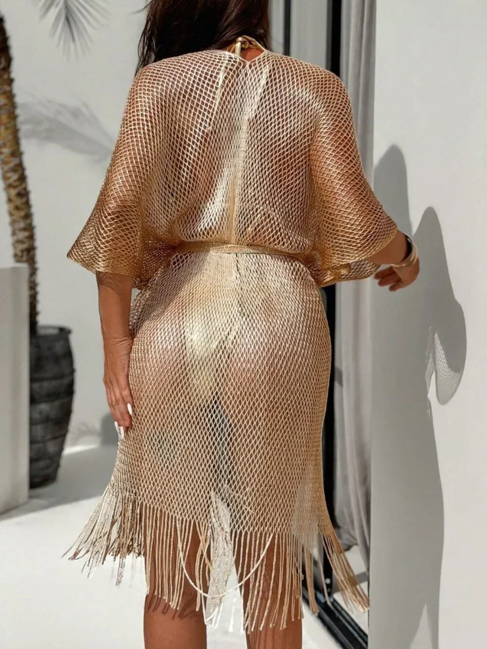 Gold Casual Women's Ombre Lace-Up Kimono Cover Up Suit
